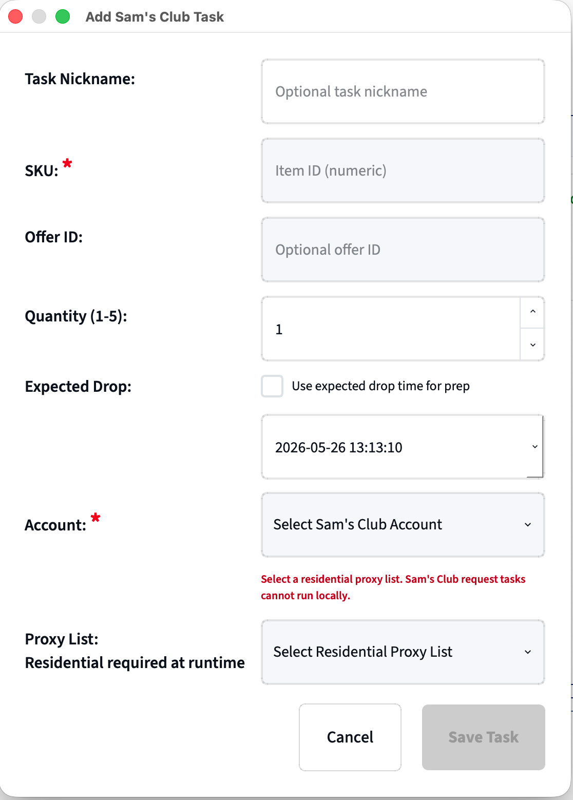 Creating a task — nickname, SKU, offer ID, quantity, expected drop, account, and proxy list